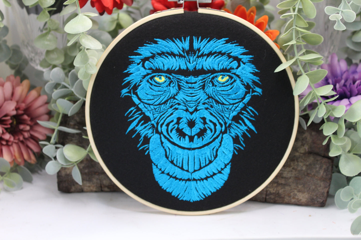 Gorilla Head Art Hoop forAnimal and Nature Lovers, Mountain Gorilla, Monkey, Environmentalists, Wildlife Wall Art, Chimpanzee Art