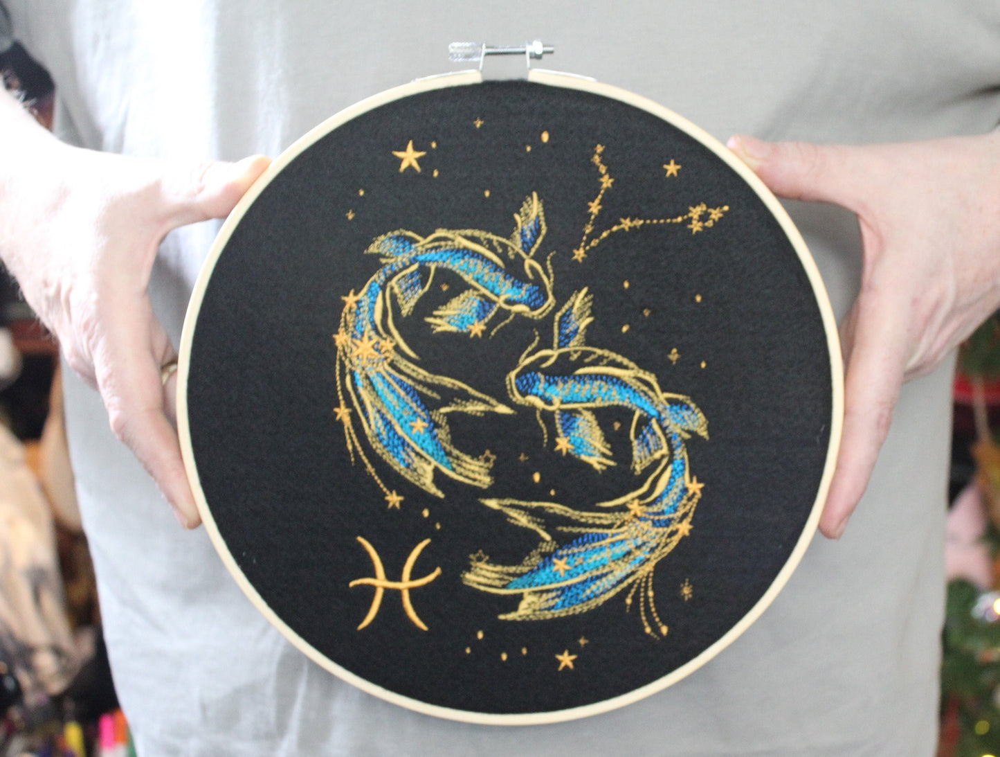 Pisces Zodiac hoop Art,  Water Element, Birthday Gift, Astrology Present, Gift for Sister, Baby Shower , Present suitable for all occasions