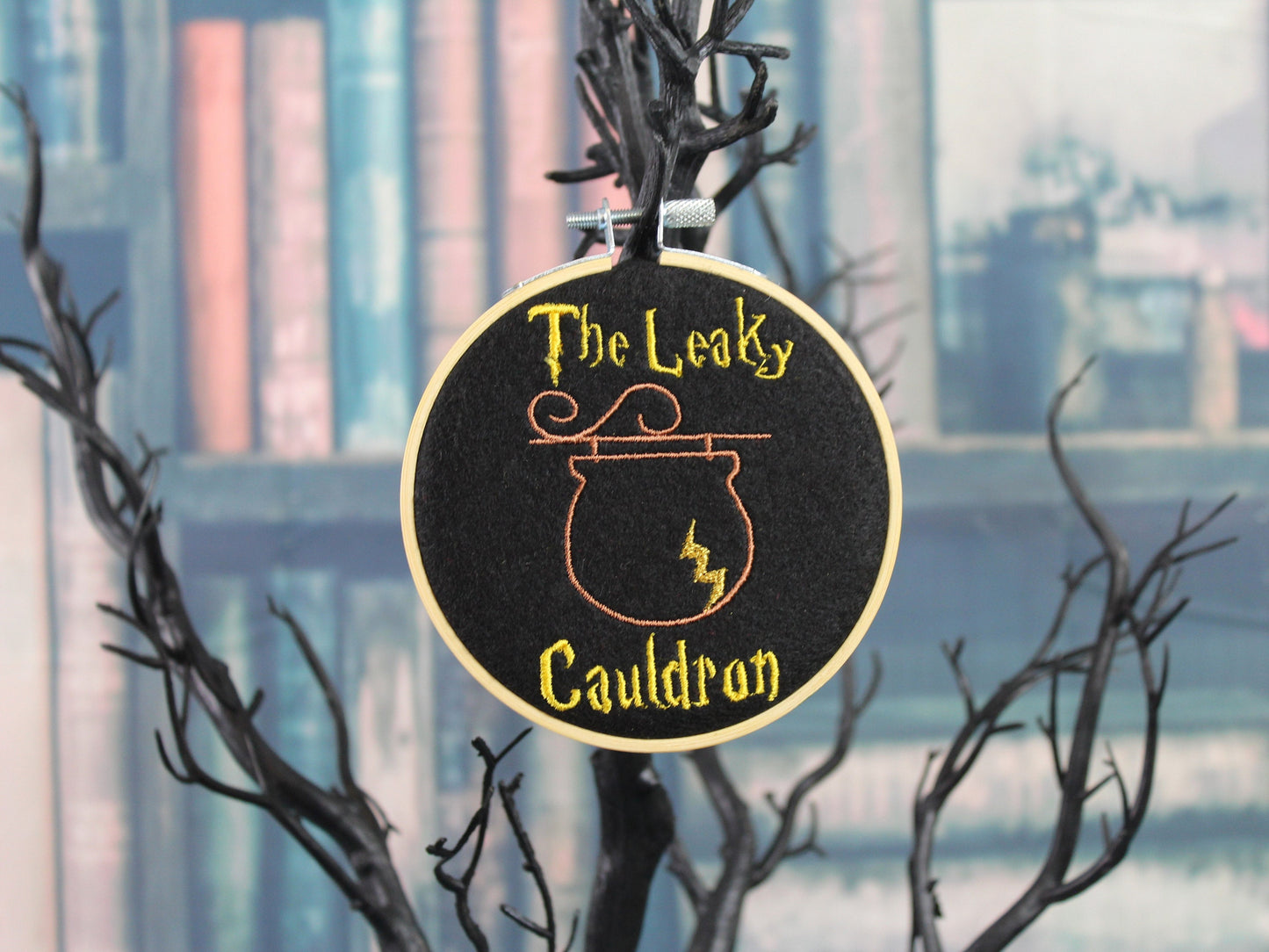 Harry Potter the Leaky Cauldron Sign,  Embordered Art Hoop, Christmas Tree Ornament, Wizard Sign, Movie Gift, Harry Potter Film Decoration