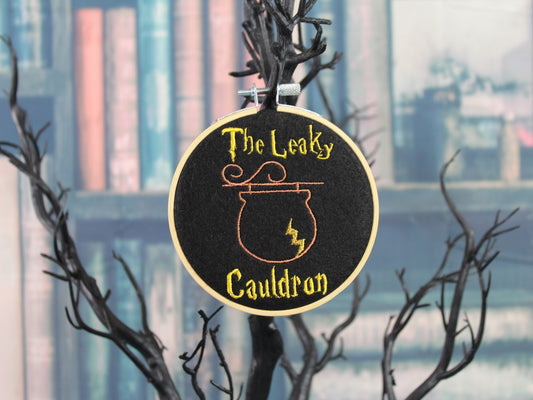 Harry Potter the Leaky Cauldron Sign,  Embordered Art Hoop, Christmas Tree Ornament, Wizard Sign, Movie Gift, Harry Potter Film Decoration