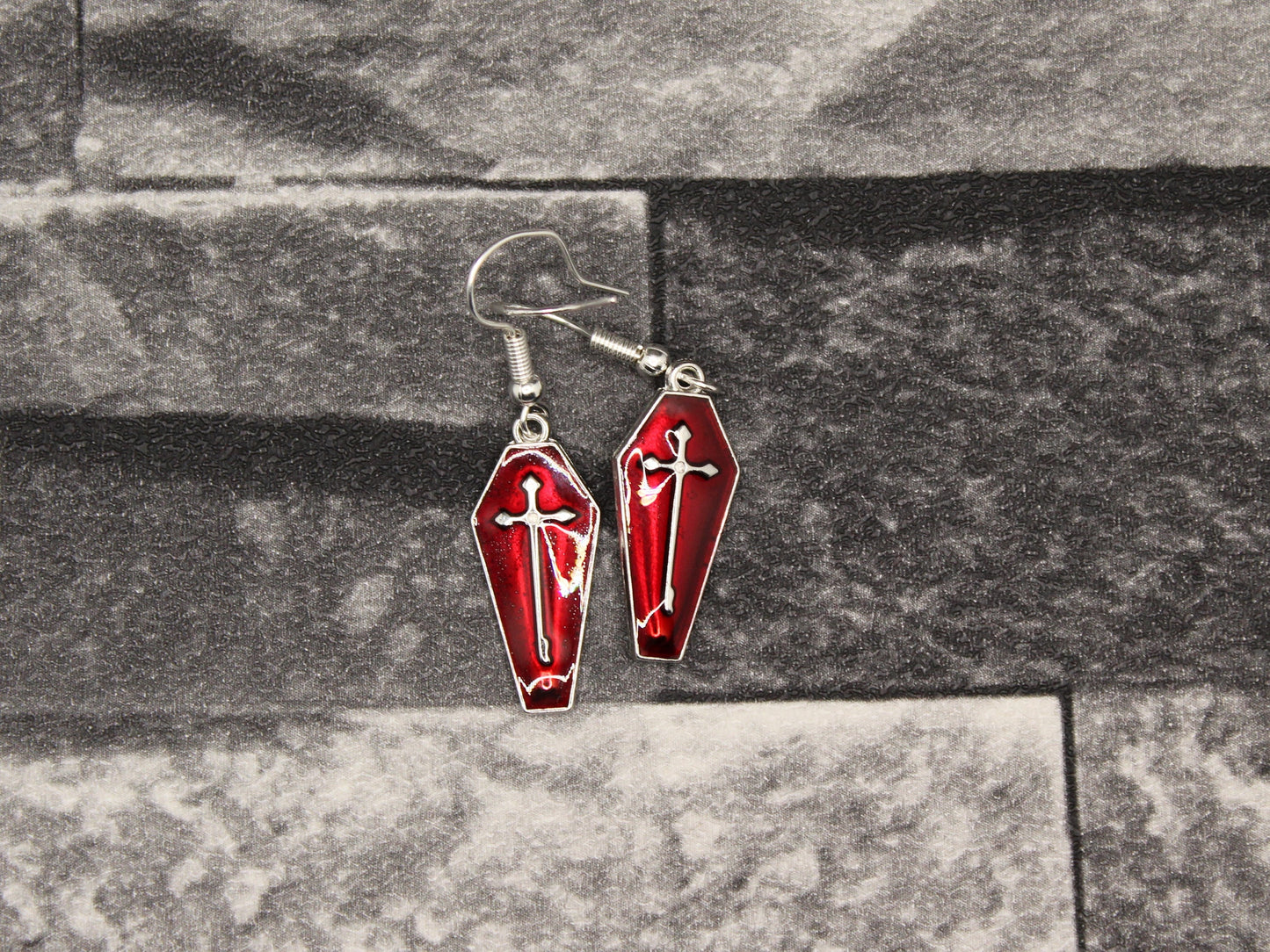 Coffin Shaped Red Cross Dangle Earrings For Men Women Unisex Gothic Punk, Spooky Earrings, Coffin Earrings, Red Coffin Shape Earrings