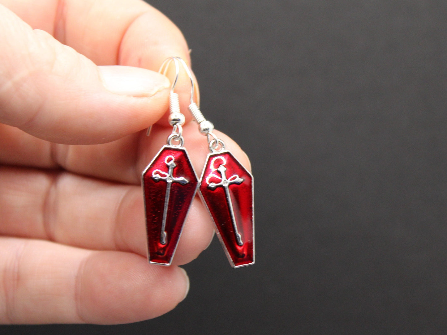 Coffin Shaped Red Cross Dangle Earrings For Men Women Unisex Gothic Punk, Spooky Earrings, Coffin Earrings, Red Coffin Shape Earrings