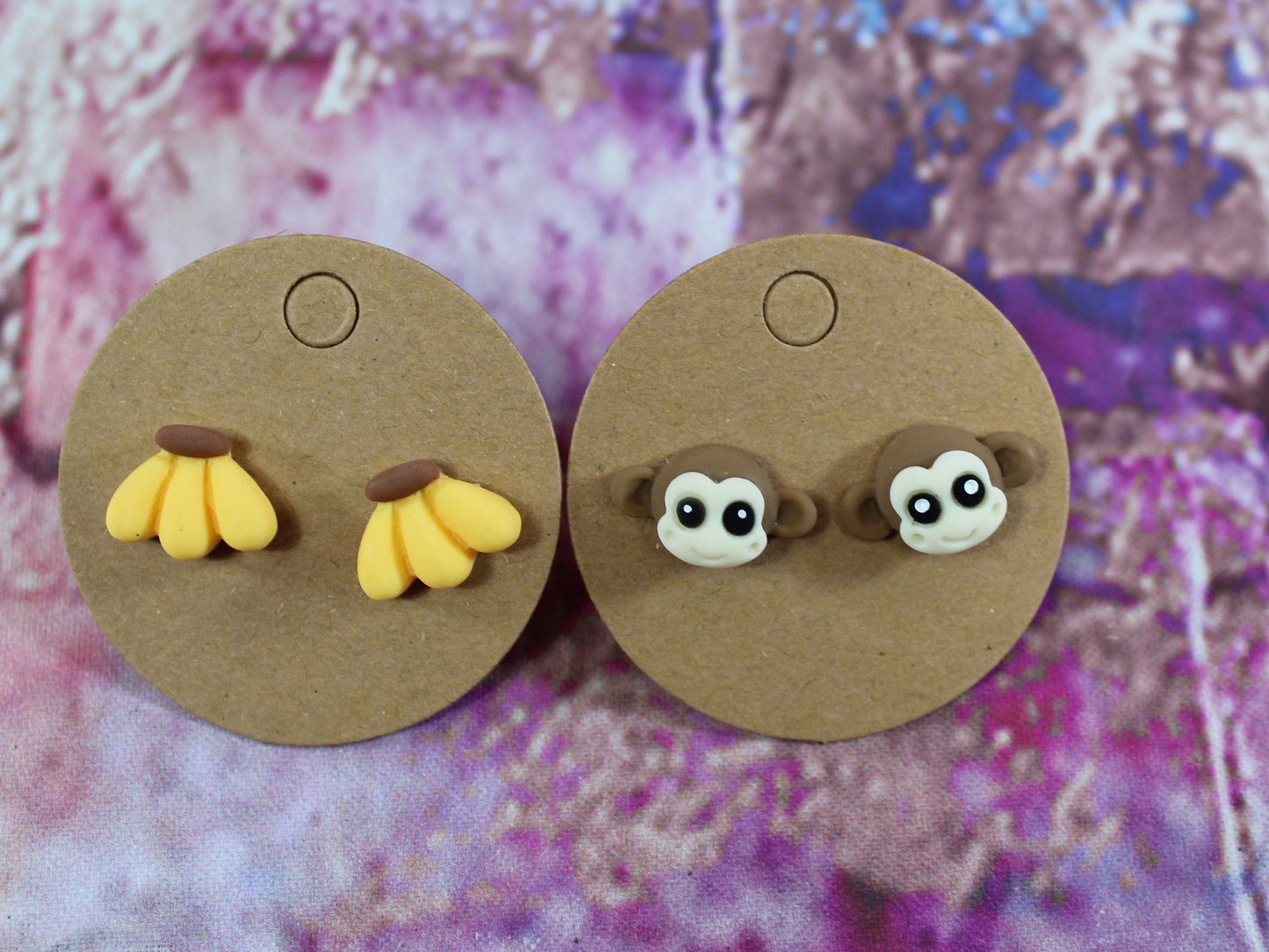 Monkey Stud Earrings, Banana Stud Earrings, Kawaii Animal Stud Earrings, Kawaii Food Earrings, Monkey Lovers Gift, Zoo Animal Gift, Summer