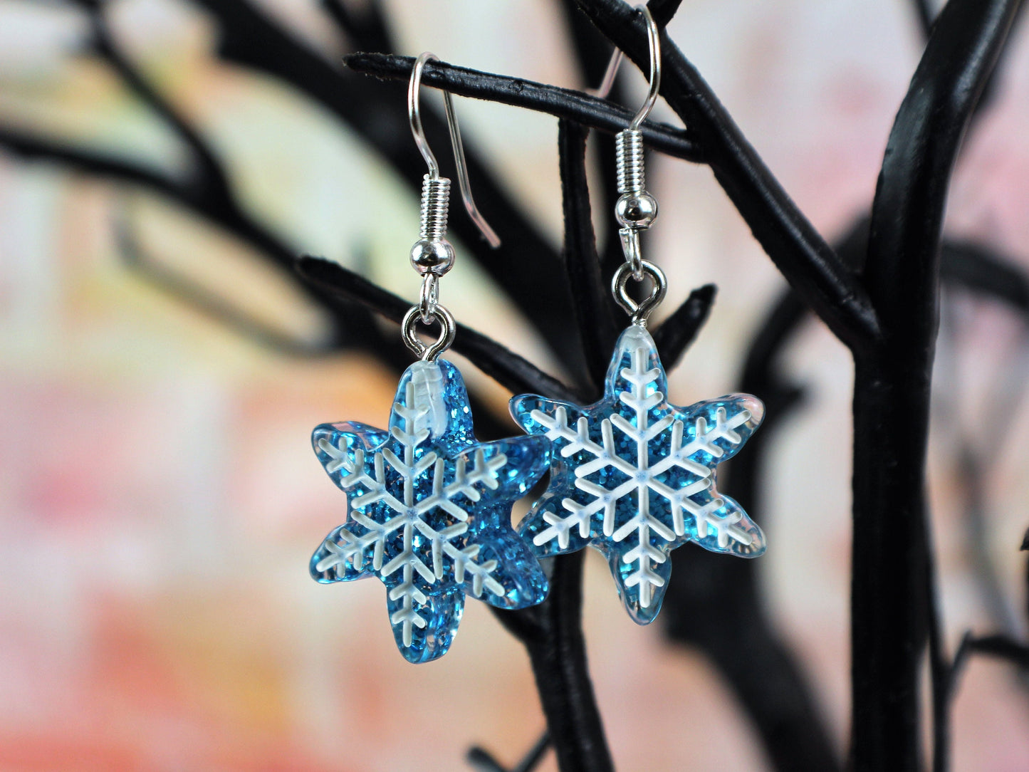 Snowflake Earrings, Silver Snowflakes, Purple Snowflakes, Blue Snowflakes, Christmas Earrings, Winter Earrings,