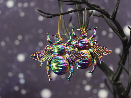 Bee Earrings, Queen Bee Gift, Psychedelic Bee Earrings, Apiary Gift, Bee Keepers Gift, Gardeners Gift, Christmas Earrings, Rainbow Bees