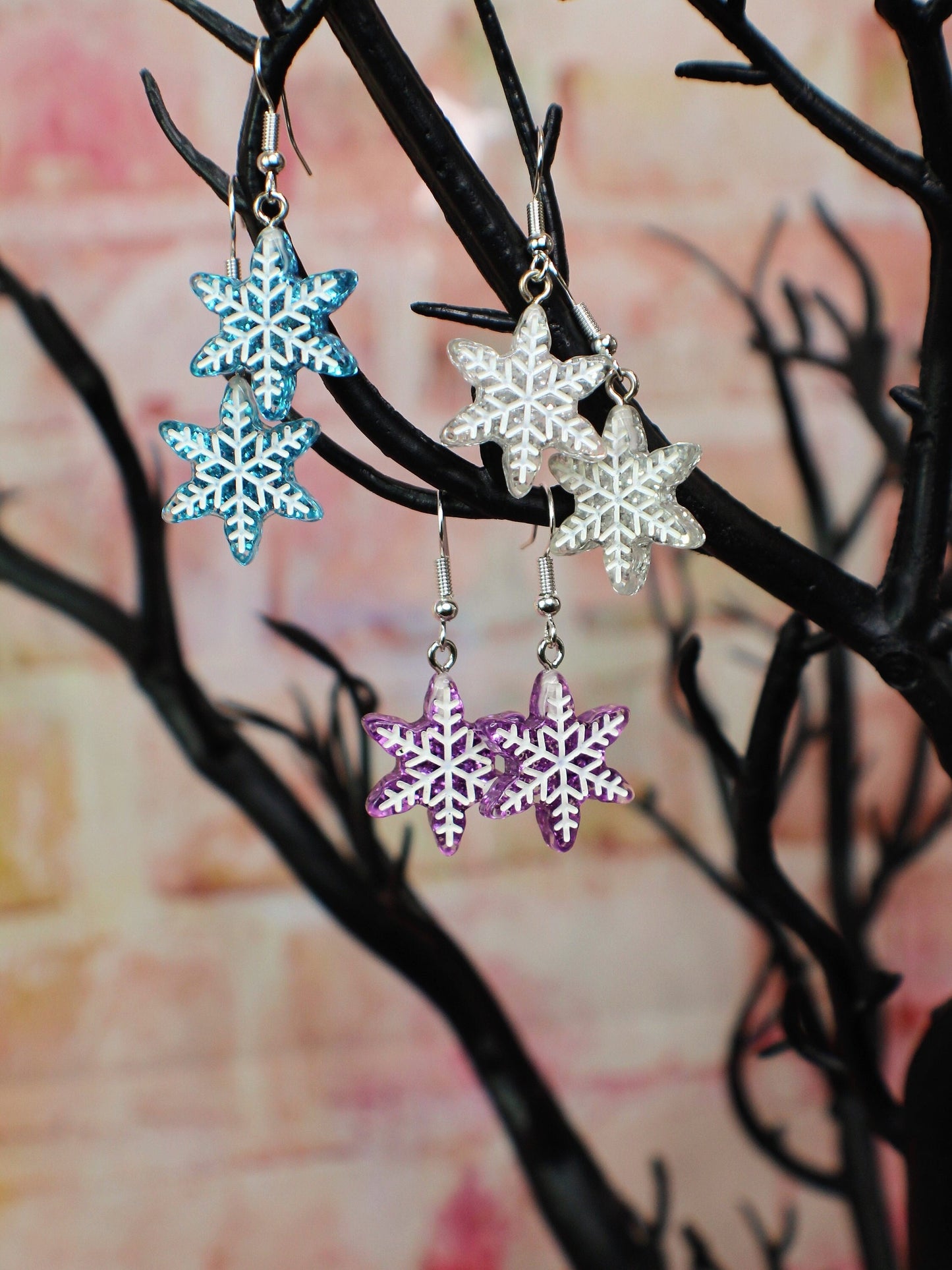 Snowflake Earrings, Silver Snowflakes, Purple Snowflakes, Blue Snowflakes, Christmas Earrings, Winter Earrings,