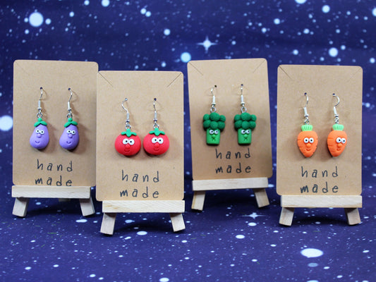 Kawaii Vegetable Earrings, Broccoli Dangle Earrings, Carrot Dangle Earrings, Tomato Earrings, Eggplant Earrings, Gardeners Easter Gift