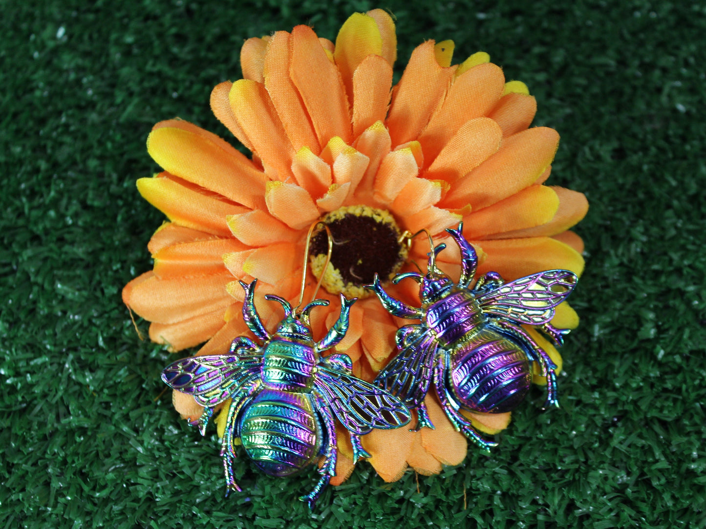 Bee Earrings, Queen Bee Gift, Psychedelic Bee Earrings, Apiary Gift, Bee Keepers Gift, Gardeners Gift, Christmas Earrings, Rainbow Bees