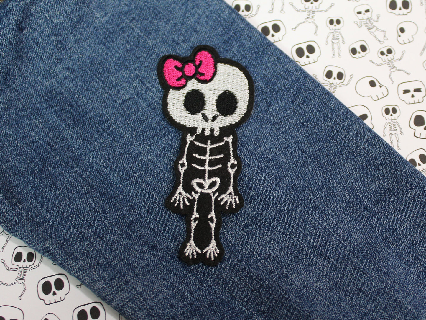 Skeleton Girl Embroidered Iron on Patch, Skeleton Sew on Patch, Embroidered Skeleton Badge, Skeleton Motif, Kawaii Skeleton Applique