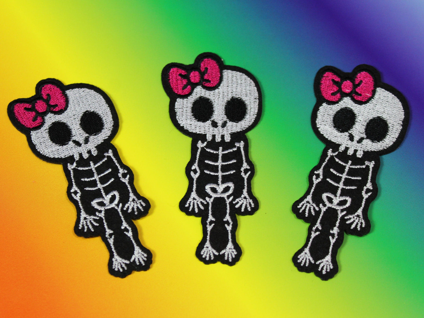 Skeleton Girl Embroidered Iron on Patch, Skeleton Sew on Patch, Embroidered Skeleton Badge, Skeleton Motif, Kawaii Skeleton Applique