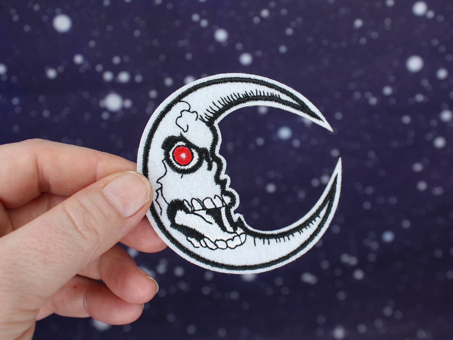 Man on The Moon Skull Iron On Patch, Skull Patch, Crescent Moon Spooky Face, Embroidered Punk Patch, Goth Patch, Skeleton Patch