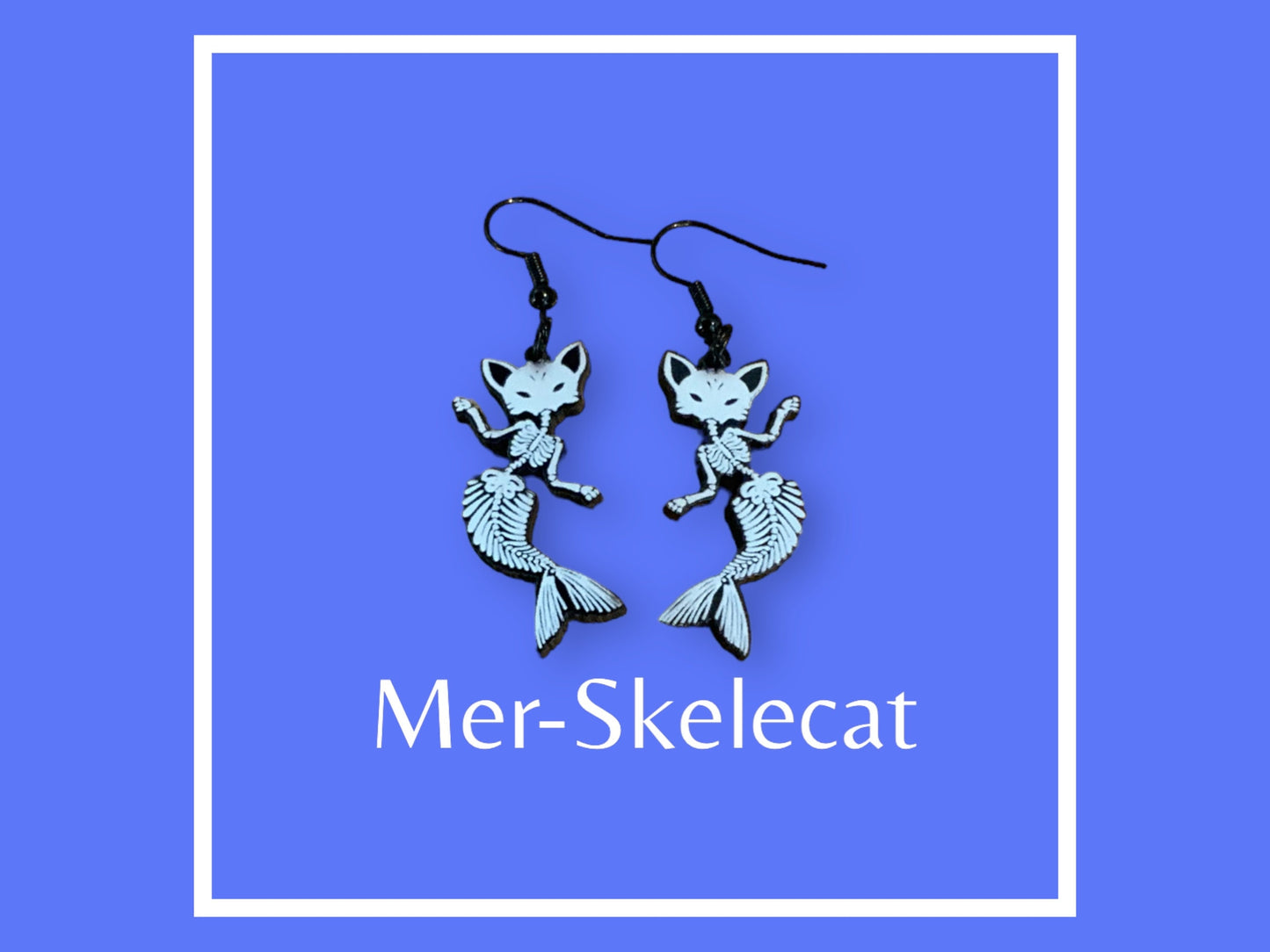 Mermaid Skeleton Cat Earrings, Nautical Jewelry, Ocean Inspired, Fish Skeleton Dangle Earrings, Gift for Cat Lover