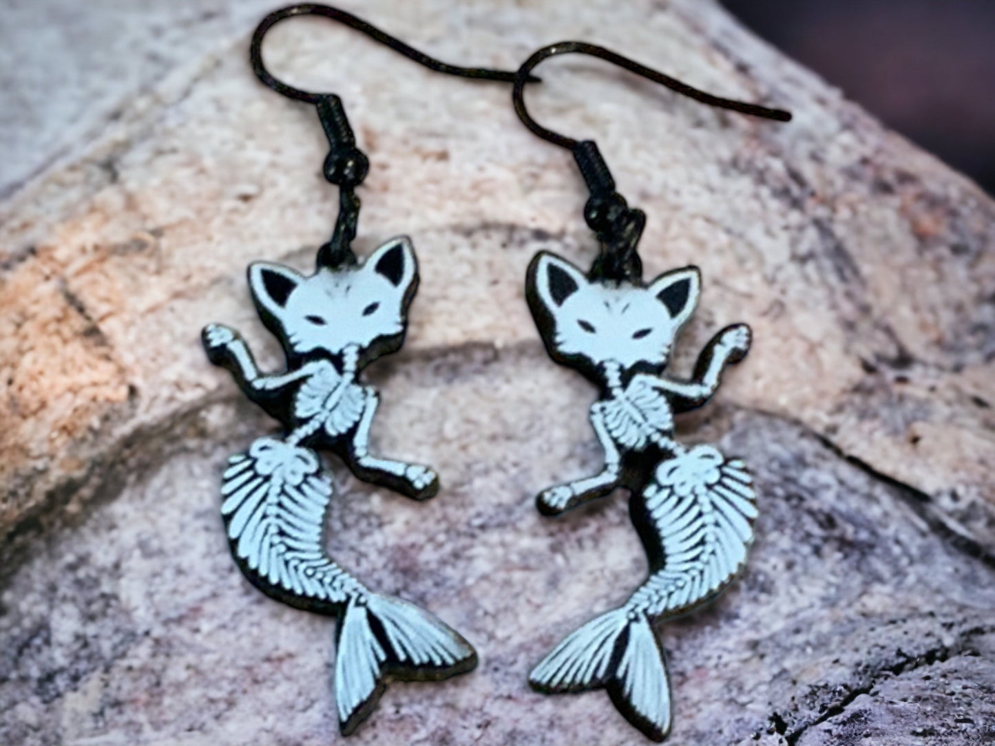 Mermaid Skeleton Cat Earrings, Nautical Jewelry, Ocean Inspired, Fish Skeleton Dangle Earrings, Gift for Cat Lover