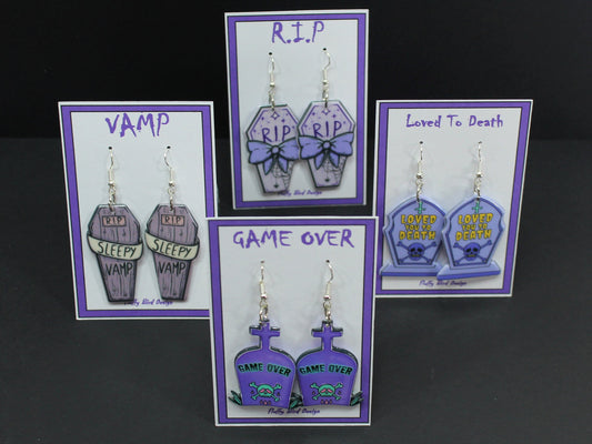 Gravestone Earrings, RIP Earrings, Loved you to Death Earrings, Sleepy Vamp Earrings, Pastel Goth, Coffin Earrings, Gamer Accessories