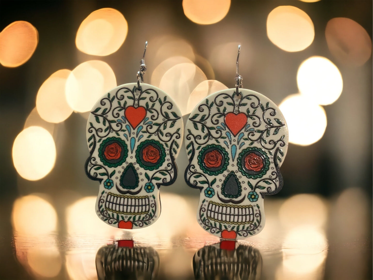 Sugar Skull Dangle Earrings, Day of the Dead Dangle Earrings, Halloween Jewellery, Large Statement Earrings, Dia De Los Muertos