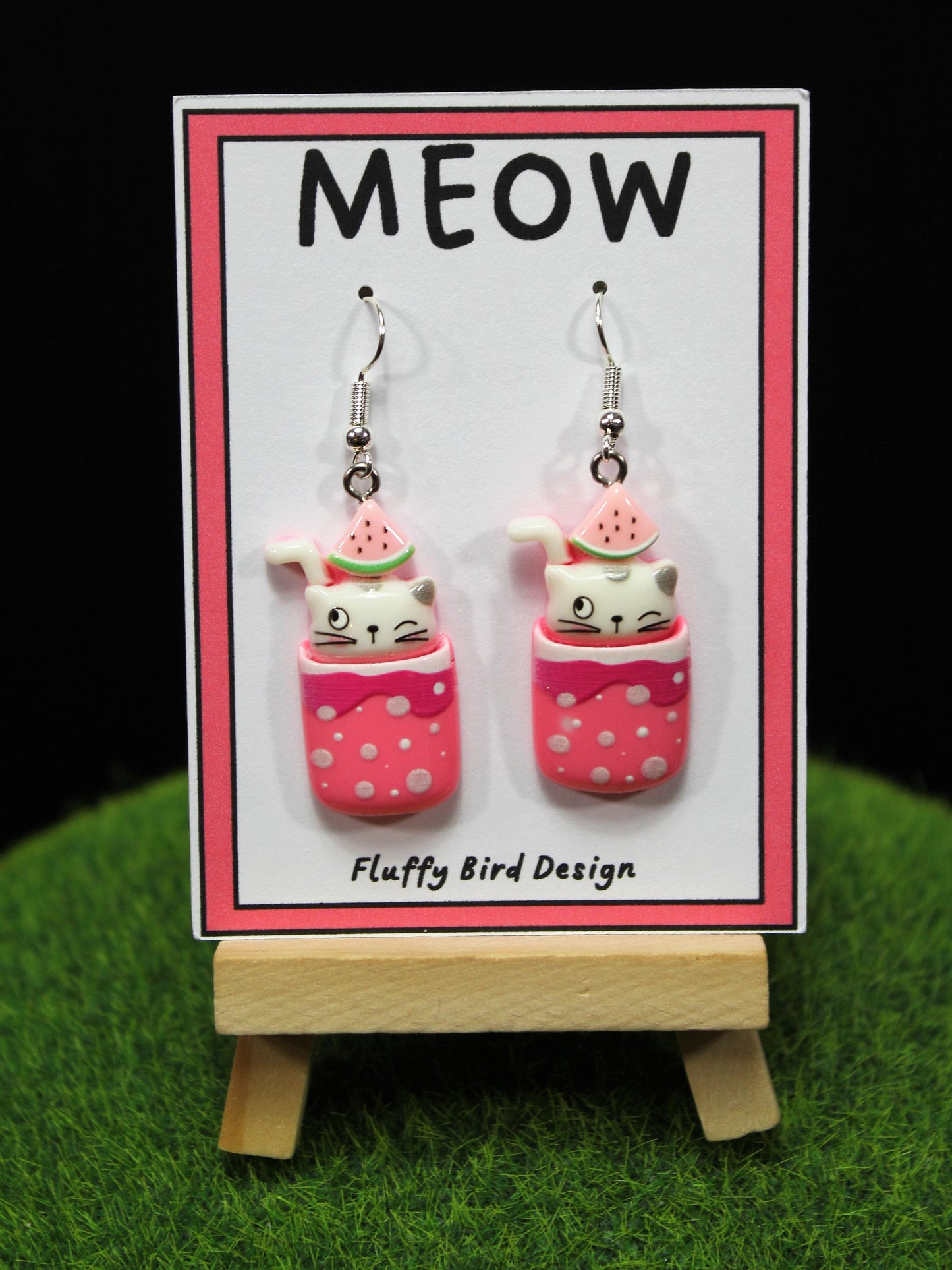 Cat Earrings, Cat in a Cup Dangle Earrings, Crazy Cat Lady Gift, Kitten Earrings, Kawaii Cat Earrings, Watermelon Cat