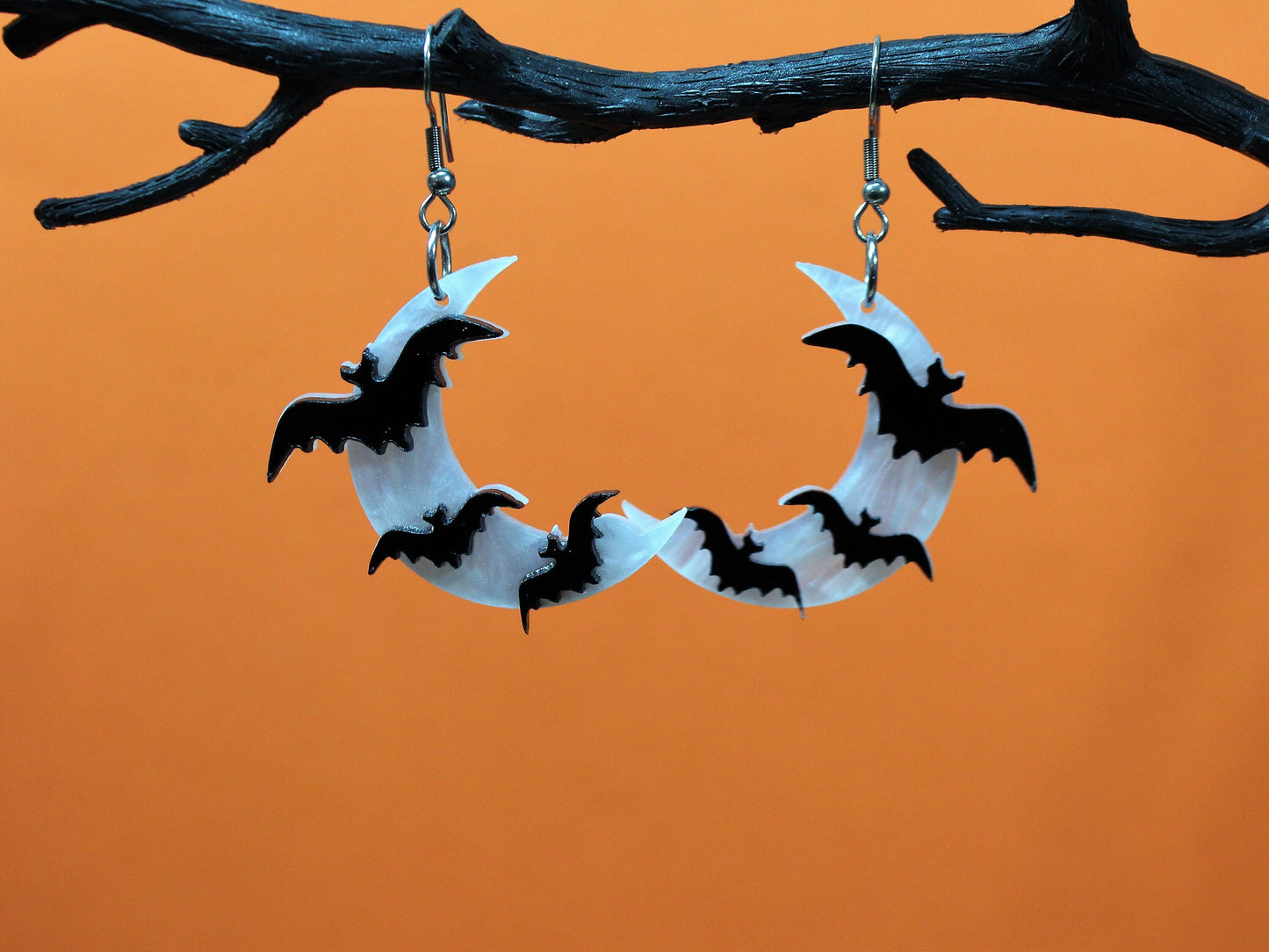 Bat Earrings, Black Bat Earrings,  Moon Earrings, Spooky Dangle Earrings, Witchy Fashion Accessory, Gothic Earrings, Bat