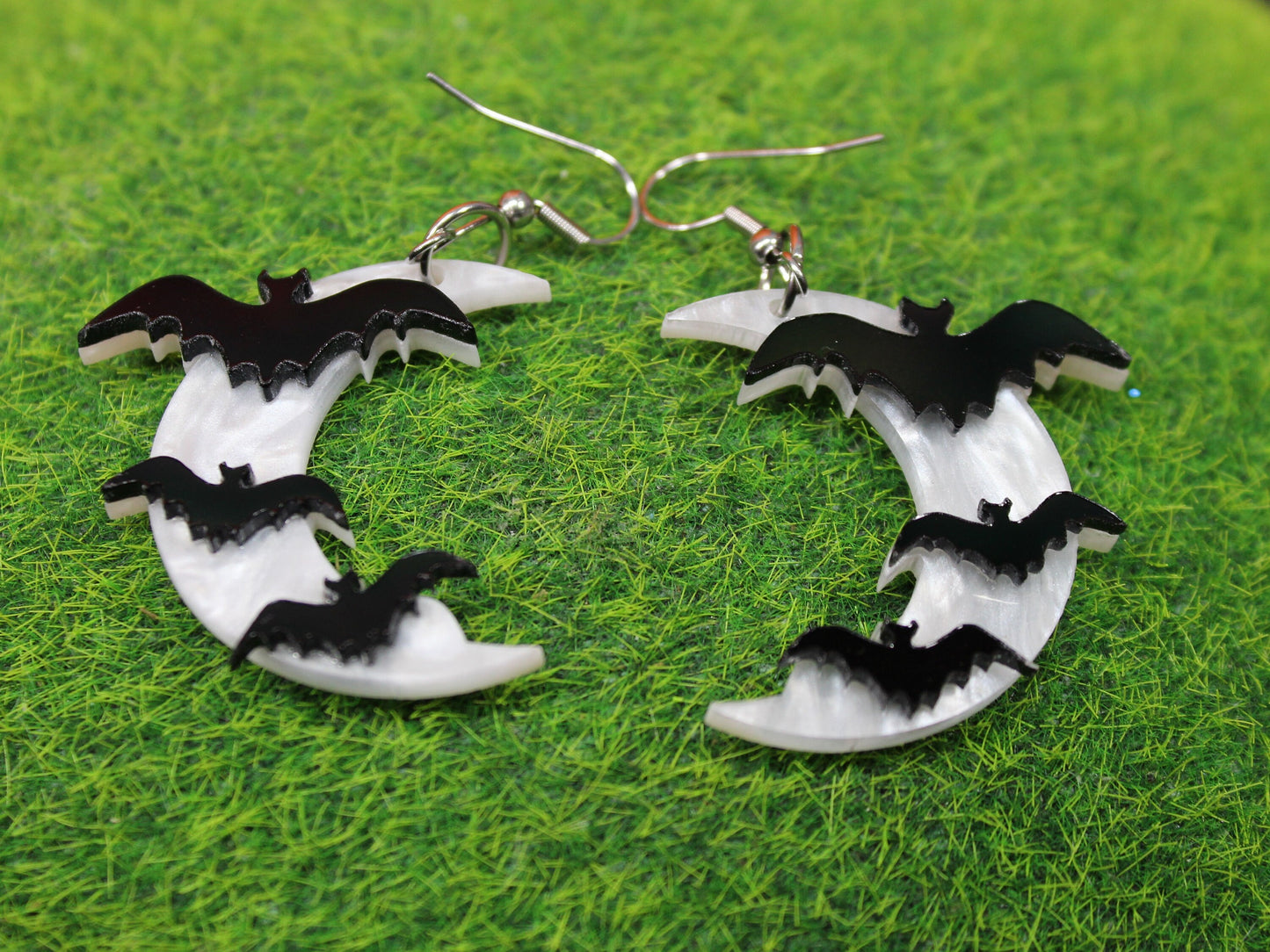 Bat Earrings, Black Bat Earrings,  Moon Earrings, Spooky Dangle Earrings, Witchy Fashion Accessory, Gothic Earrings, Bat