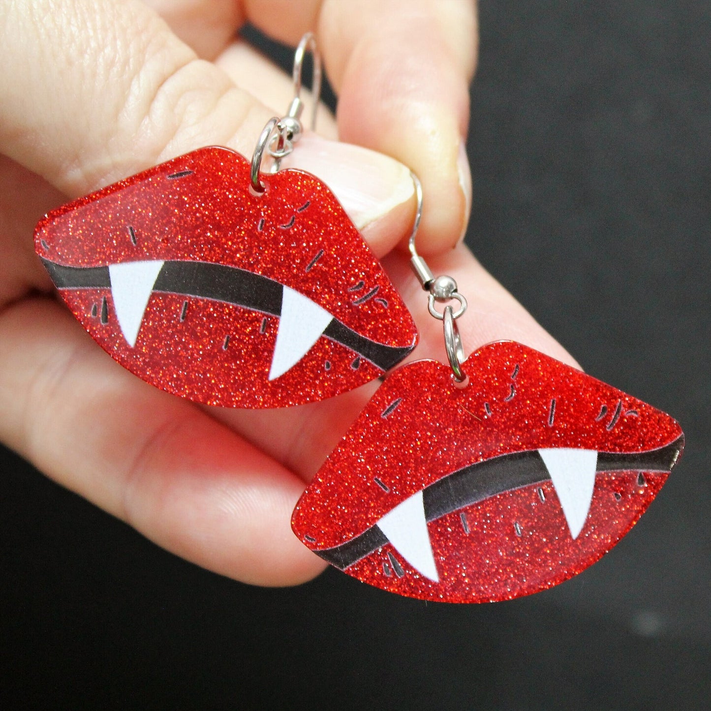 Vampire Teeth Earrings, Vampire Lips,  Earrings, Horror Earrings, Spooky Earrings, Goth Earrings, Glitter Earrings, Vampire costume