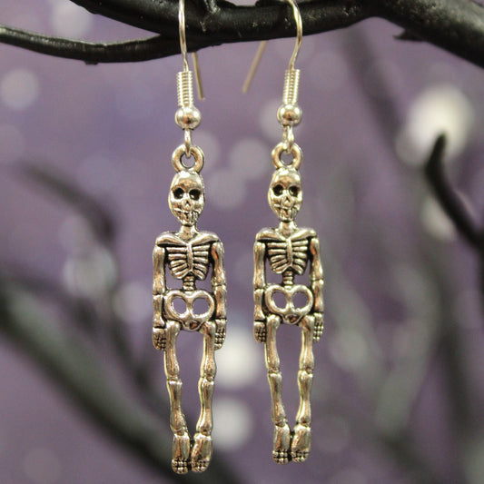 Skeleton Dangle Earrings, Silver Skeleton Earrings, Skull Earrings, Goth Earrings, Spooky Skeleton Jewellery, Skeleton Gift, Horror Earrings