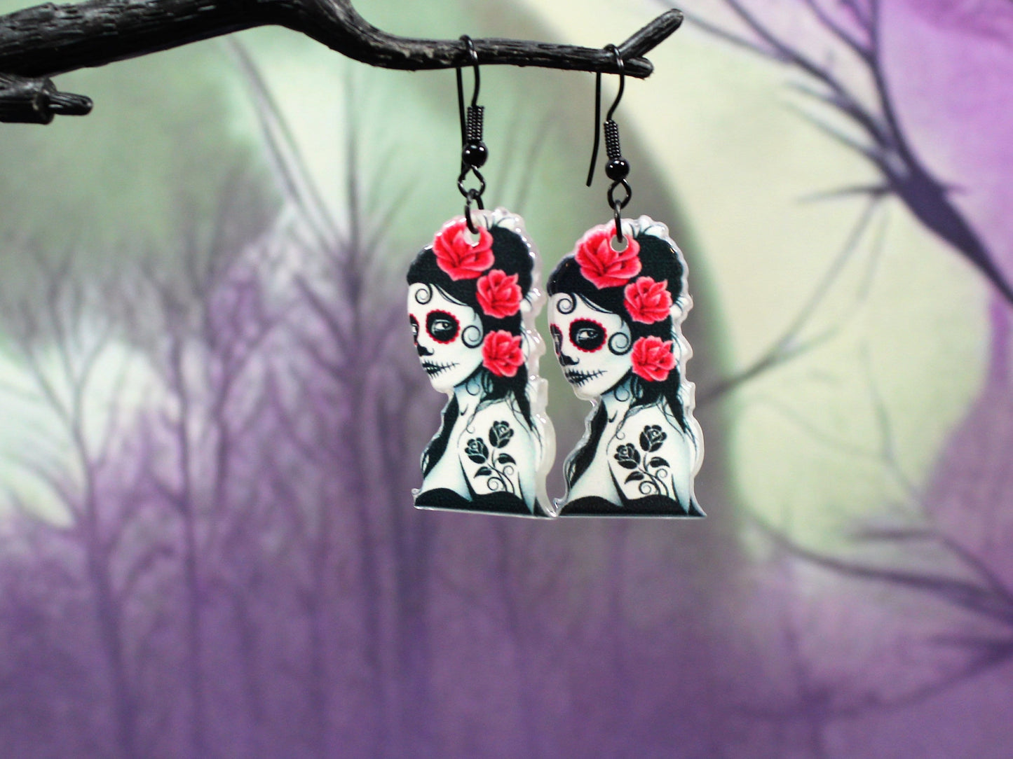 Sugar Skull Witch Earrings, Day of the Dead Jewellery, Spooky Accessories, Gothic Earrings, Witchy Gift, Tatto Gift