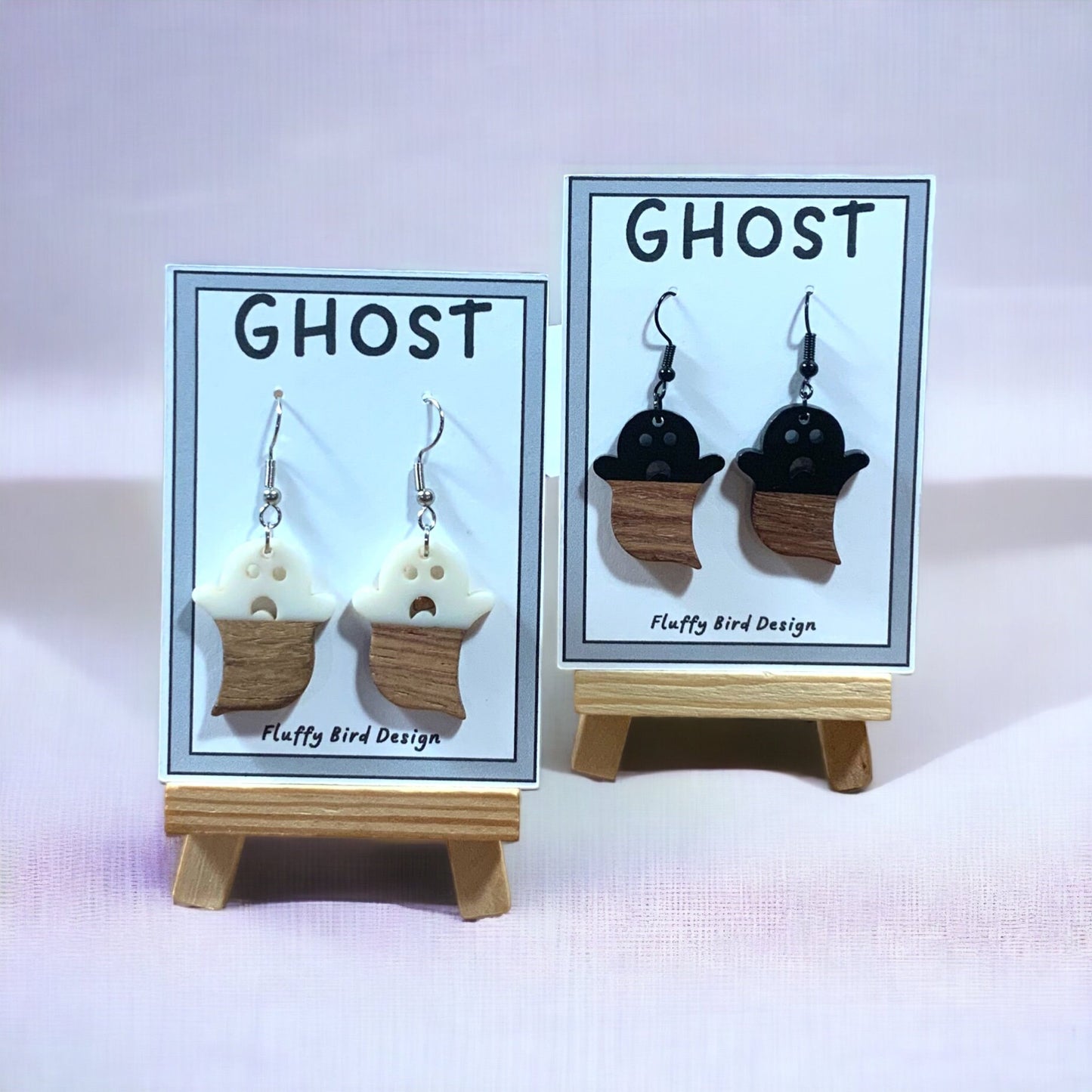 Ghost Earrings, Black and White Ghosts, Wooden Ghosts, Spooky Earrings, Halloween Earrings, Halloween Party, Gift for Her