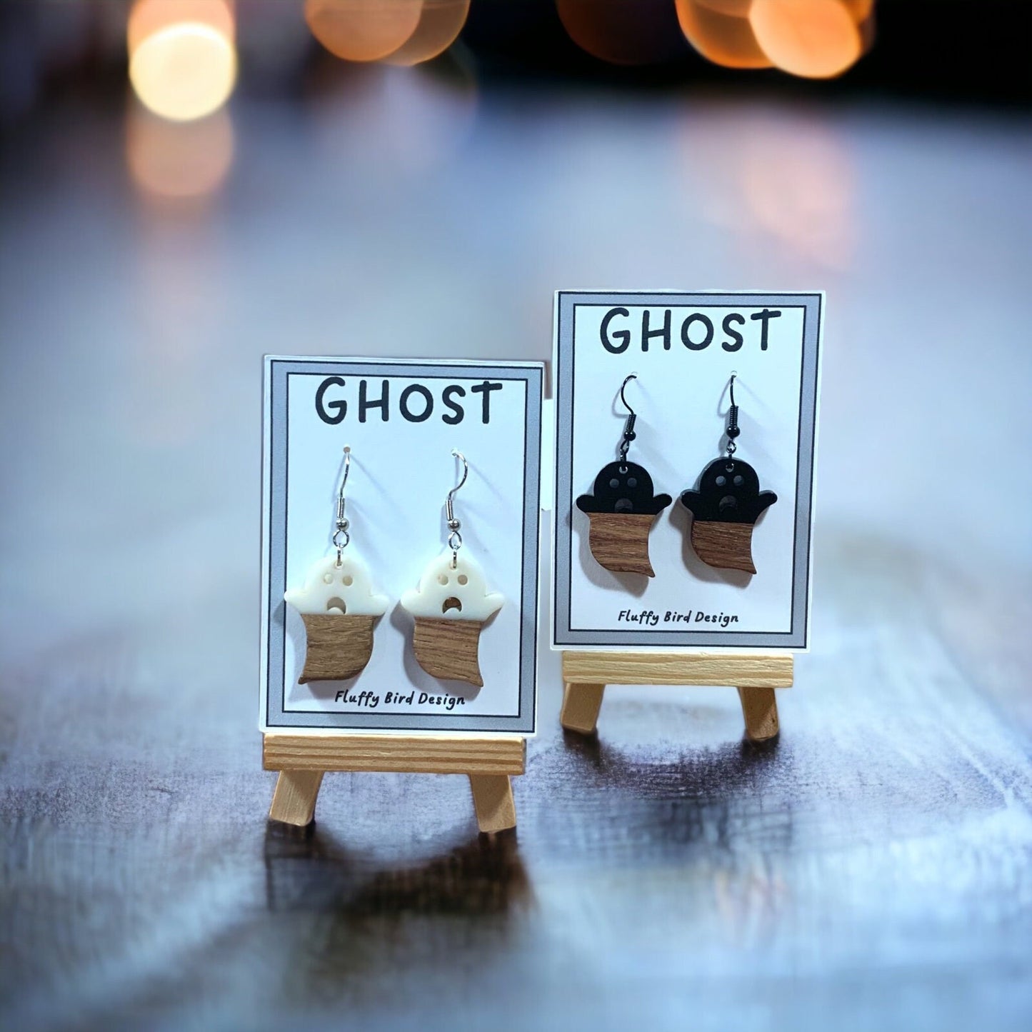 Ghost Earrings, Black and White Ghosts, Wooden Ghosts, Spooky Earrings, Halloween Earrings, Halloween Party, Gift for Her