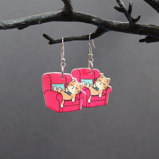 Cat Earrings, Cat on Sofa Dangle Earrings, Cute Cat Jewellry, Quirky Cat Earrings, Animal Lover Gift, Pet Sitters Gift