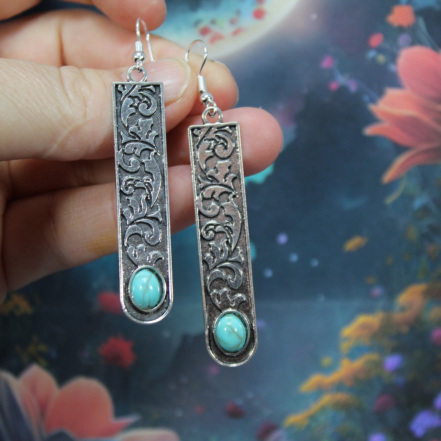 Boho Dangle Earrings, Tibetan Silver Drop Earrings, Ethnic Earrings, Aztec Earrings, Bohemian Earrings, Boho Jewellery, Turquoise Stone