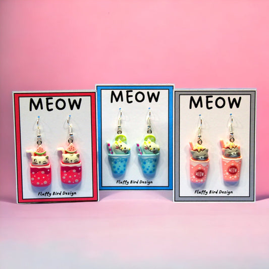 Cat Earrings, Cat in a Cup Dangle Earrings, Crazy Cat Lady Gift, Kitten Earrings, Kawaii Cat Earrings, Watermelon Cat