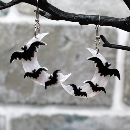 Bat Earrings, Black Bat Earrings,  Moon Earrings, Spooky Dangle Earrings, Witchy Fashion Accessory, Gothic Earrings, Bat