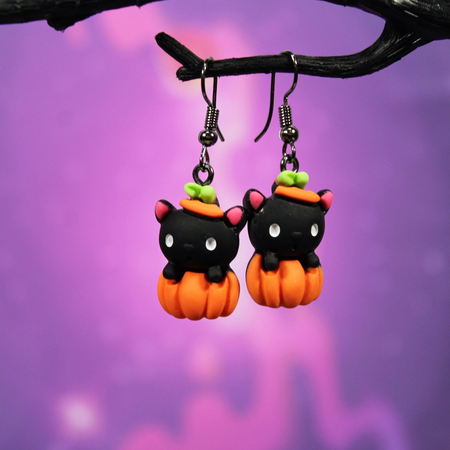 Pumpkin Earrings, Black Cat Earrings, Halloween Earrings, Cat Earrings, Pumpkin Dangle Earrings, Cat Lover Gift, Spooky Cat