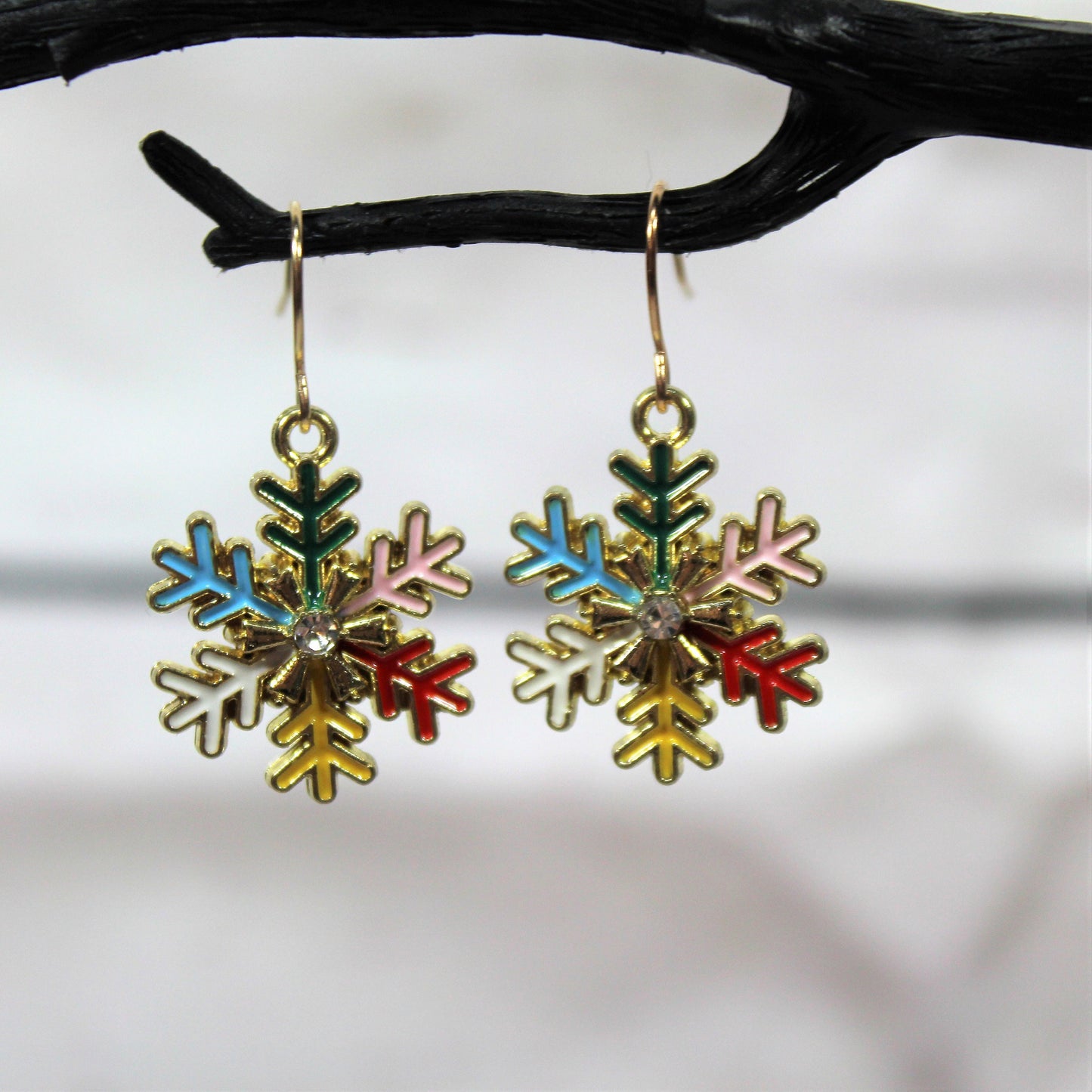 Snowflake Earrings, Silver Snowflakes, Multi-Coloured Snowflakes, Christmas Earrings, Rainbow Snowflakes, Winter Earrings