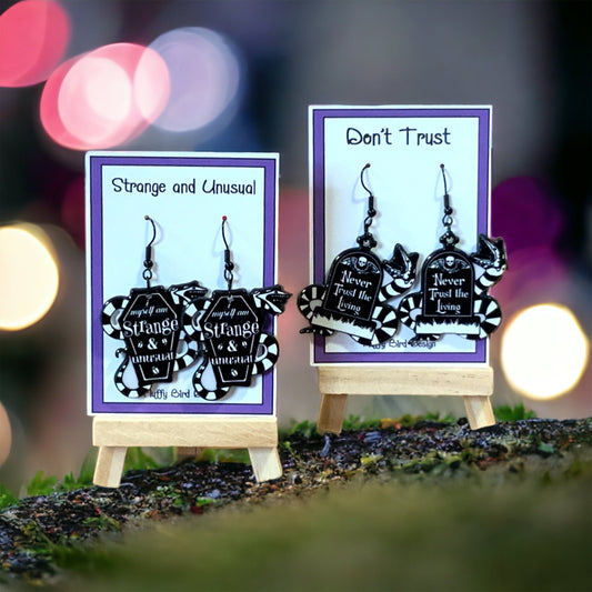 Strange and Unusual Earrings,  Never Trust The Living Earrings, Gravestone Earrings, Beetlejuice Movie