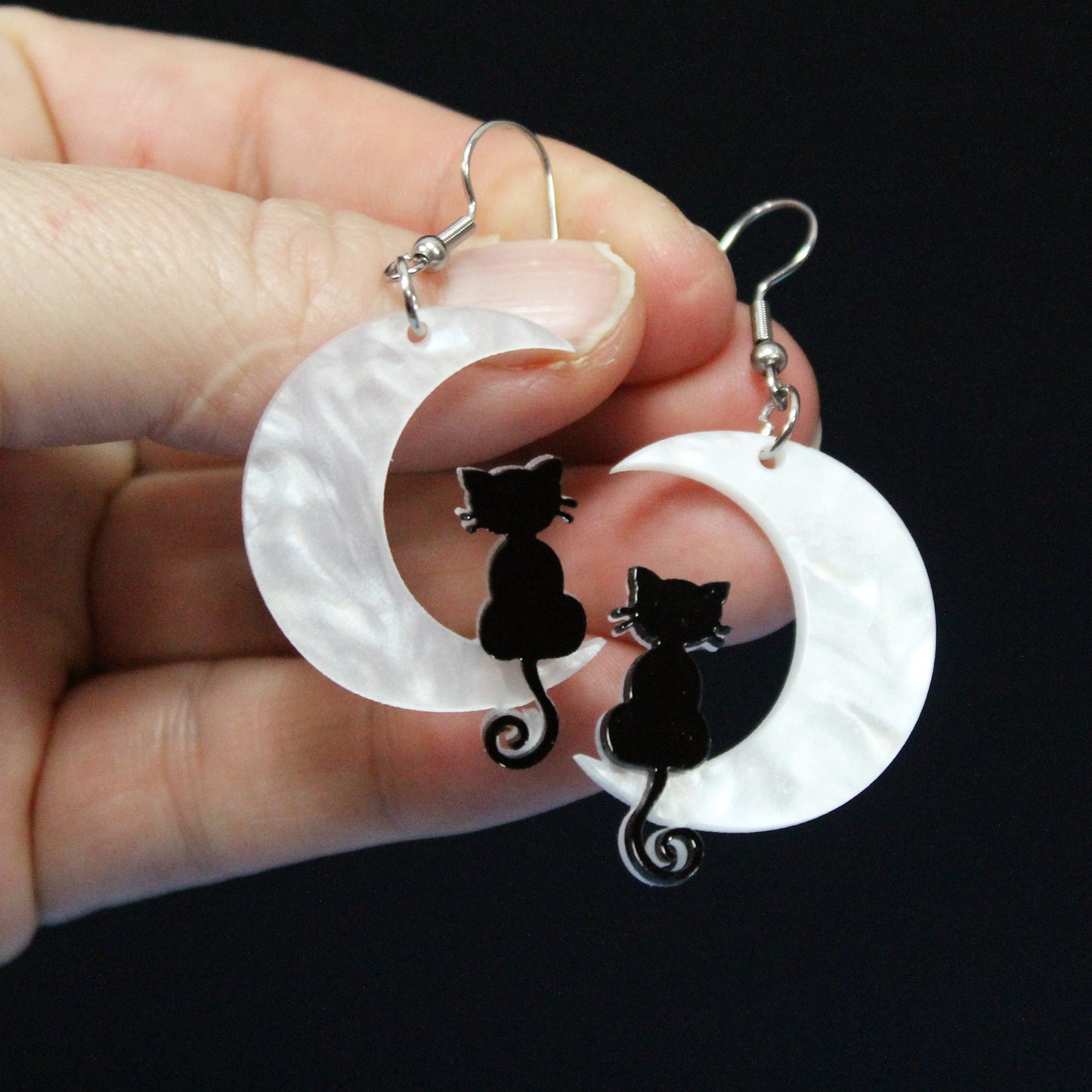 Cat Earrings, Black Cat Earrings,  Moon Earrings, Spooky Dangle Earrings, Witchy Fashion Accessory, Gothic Earrings, Celestial Earrings.