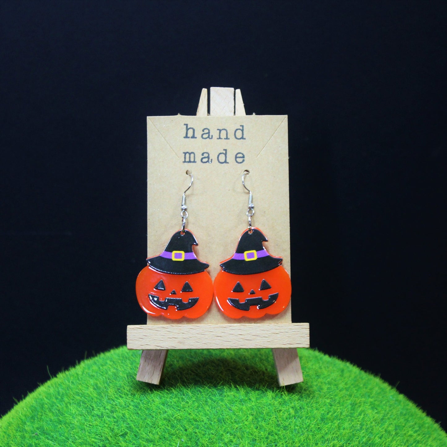 Pumpkin Earrings with Witches Hat, Halloween Dangle Earrings, Spooky Jewellery, Witchy Accessories, Fancy Dress, Black Hat Earrings