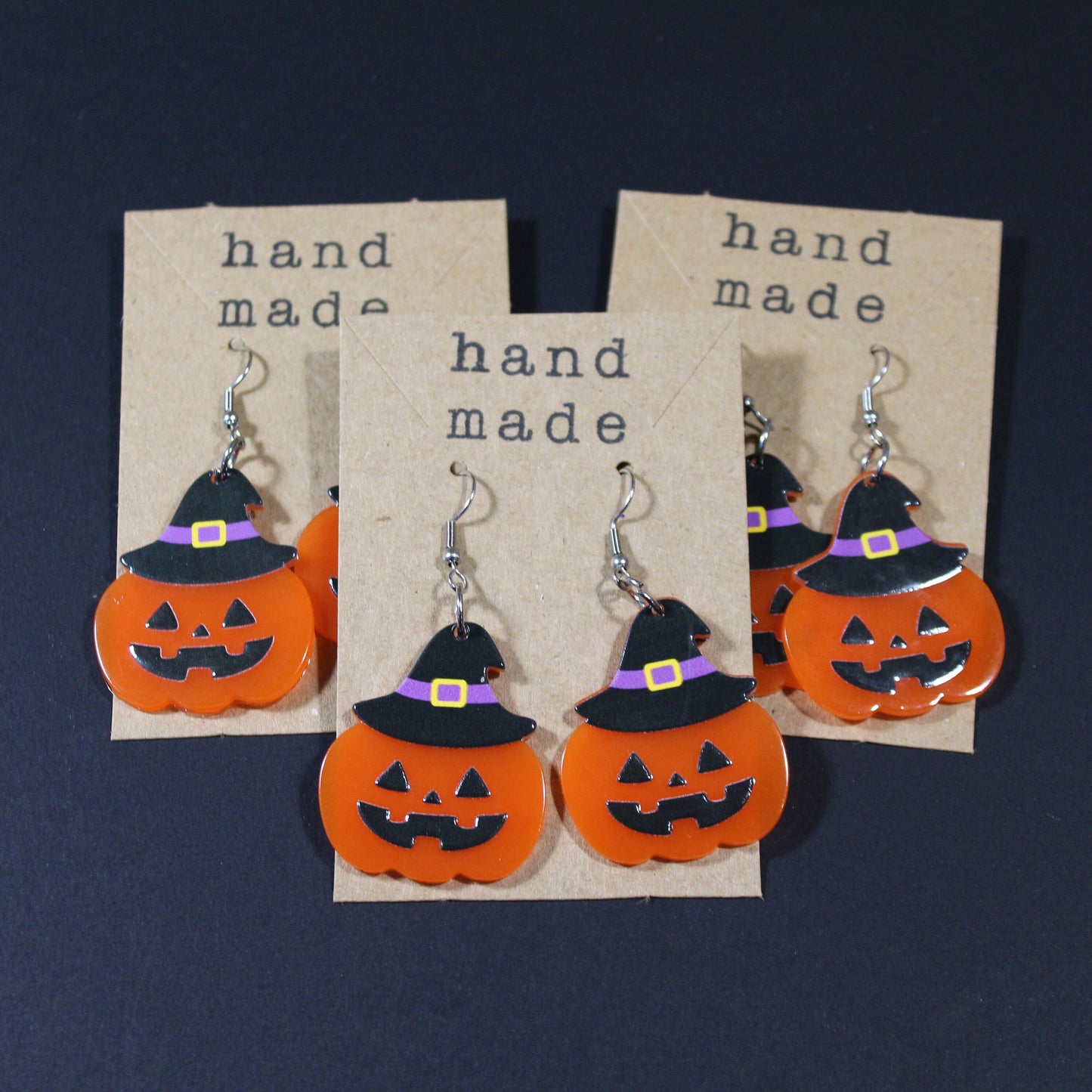 Pumpkin Earrings with Witches Hat, Halloween Dangle Earrings, Spooky Jewellery, Witchy Accessories, Fancy Dress, Black Hat Earrings