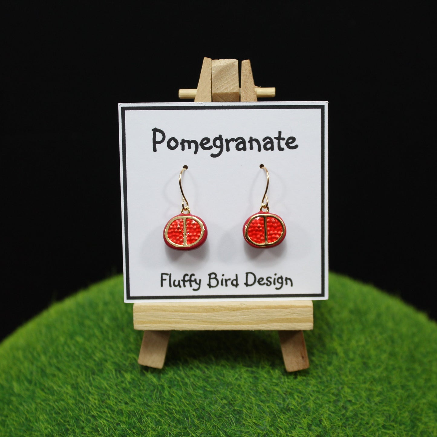 Pomegranate Earrings, Fruit Dangle Earrings, Red Pomegranate Slice Earrings, Food Earrings, Gold Earrings, Christmas Earrings