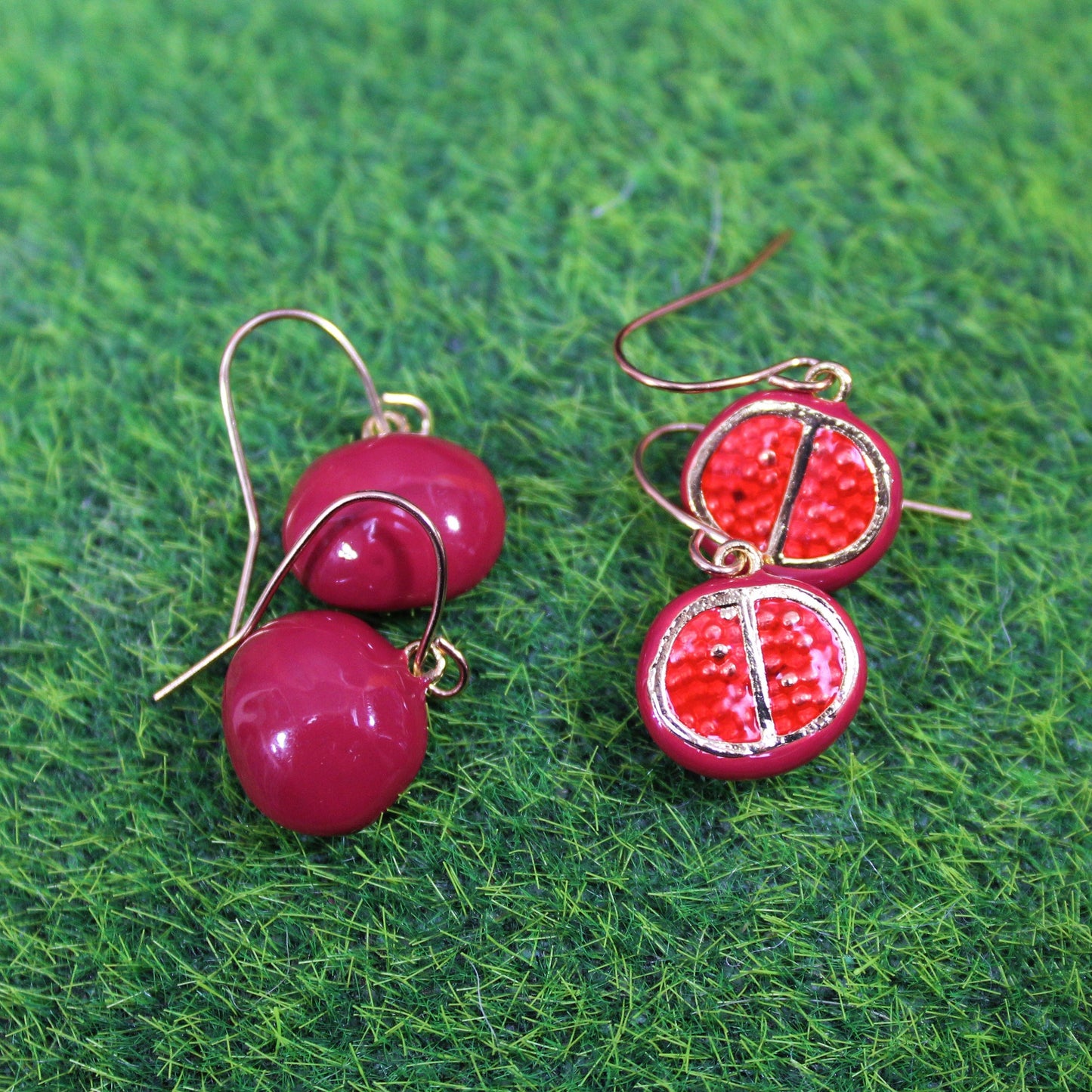 Pomegranate Earrings, Fruit Dangle Earrings, Red Pomegranate Slice Earrings, Food Earrings, Gold Earrings, Christmas Earrings