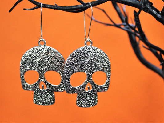 Skull Earrings, Large Silver Skull Earrings, Tibetan Style Silver Skulls, Day of the Dead Earrings, Sugar Skull Earrings, Dia De Los Muertos