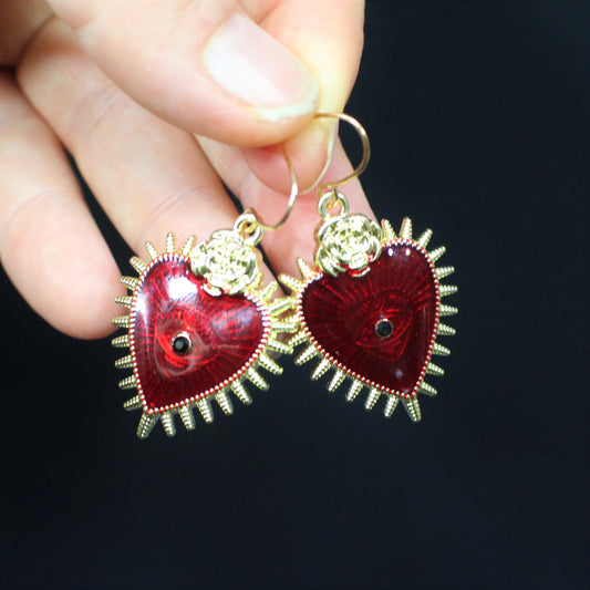 Bleeding Heart Earrings, Sacred Heart Dangle Earrings, Gothic Dangle Earrings, Halloween Accessories, Holiday Earrings