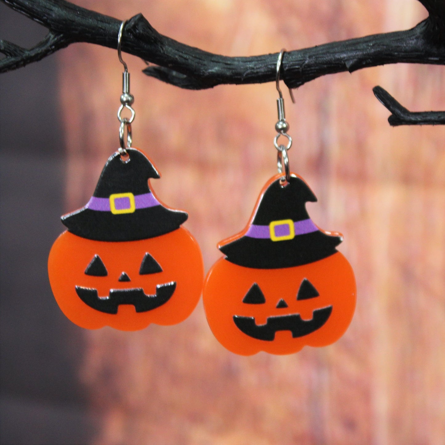 Pumpkin Earrings with Witches Hat, Halloween Dangle Earrings, Spooky Jewellery, Witchy Accessories, Fancy Dress, Black Hat Earrings