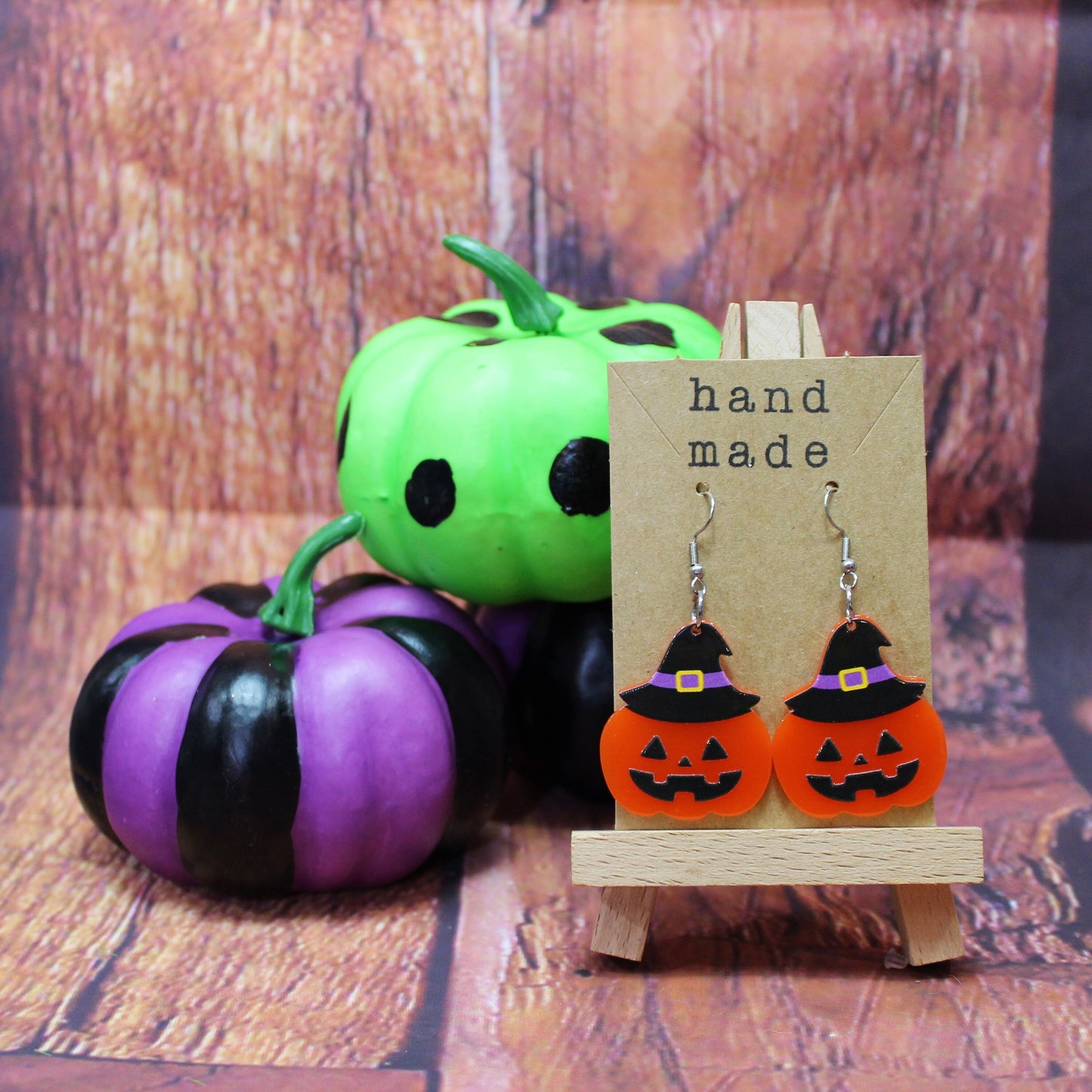 Pumpkin Earrings with Witches Hat, Halloween Dangle Earrings, Spooky Jewellery, Witchy Accessories, Fancy Dress, Black Hat Earrings