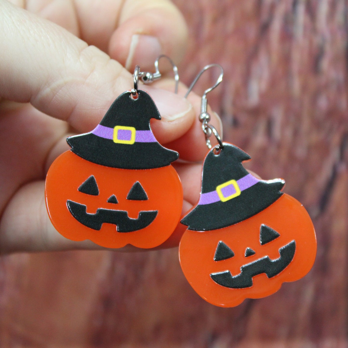 Pumpkin Earrings with Witches Hat, Halloween Dangle Earrings, Spooky Jewellery, Witchy Accessories, Fancy Dress, Black Hat Earrings