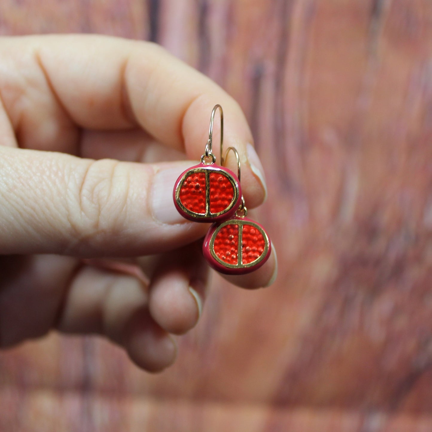 Pomegranate Earrings, Fruit Dangle Earrings, Red Pomegranate Slice Earrings, Food Earrings, Gold Earrings, Christmas Earrings