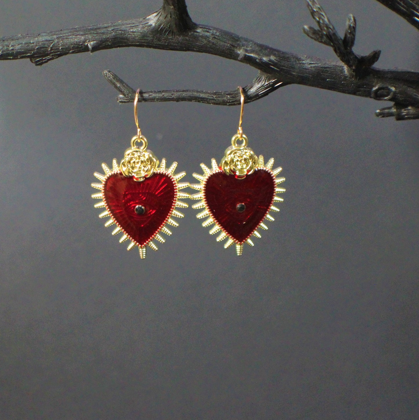 Bleeding Heart Earrings, Sacred Heart Dangle Earrings, Gothic Dangle Earrings, Halloween Accessories, Holiday Earrings