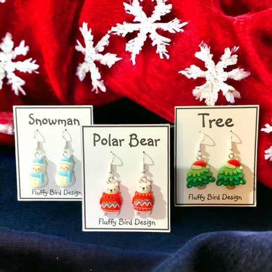 Christmas Trees, Snowman Earrings, Christmas Polar Bear Dangle Earrings, Christmas Accessories, Dangle Earrings