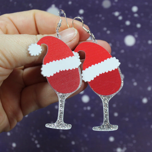 Wine Glass Dangle Earrings, Christmas Wine, Red Wine Gift, Santa Hat, Party Accessories, Glitter Earrings, Free Gift