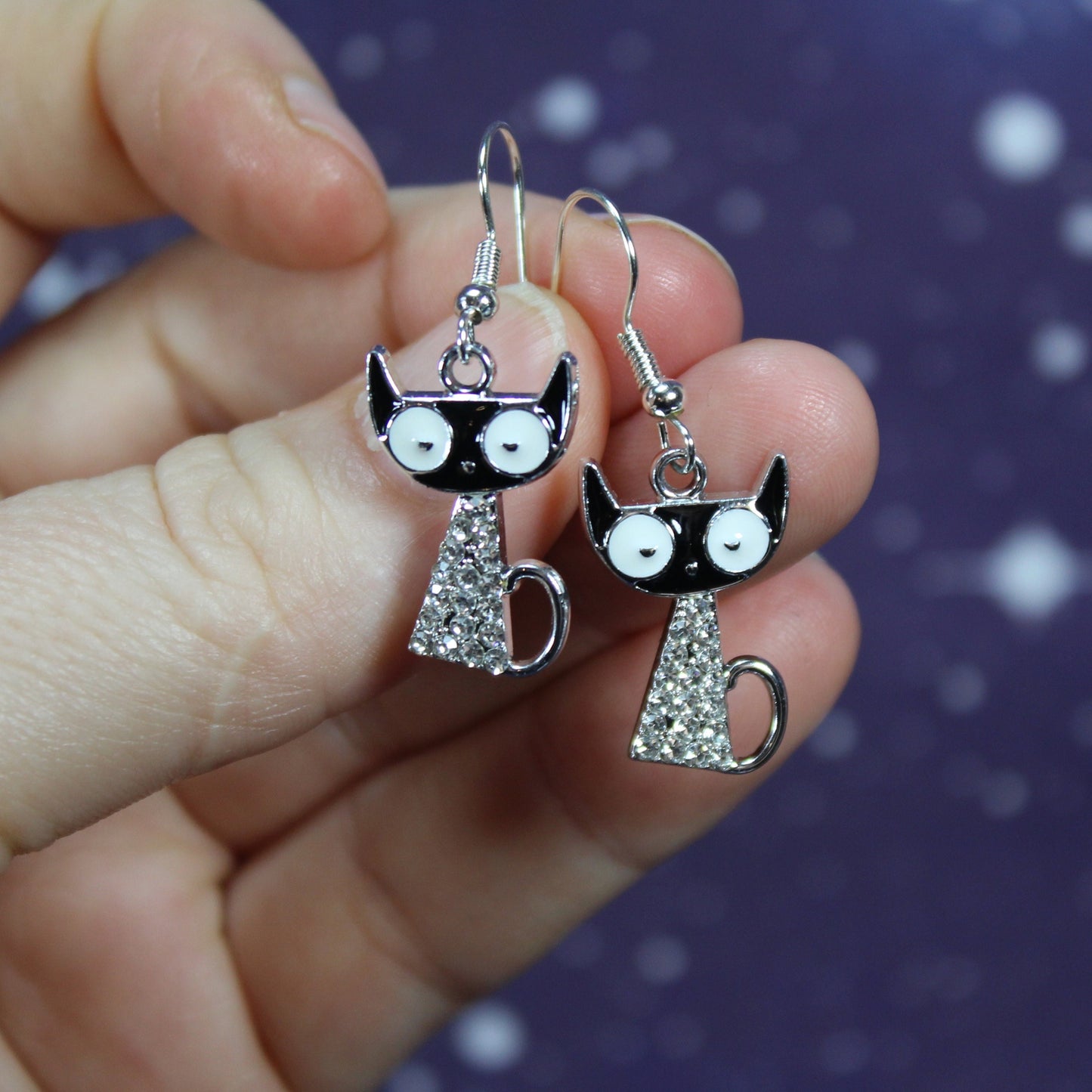 Cat Earrings, Rhinestone Earrings, Hypoallergenic, Kitten Earrings, Christmas Cat, Gifts for Cat Lovers, Kawaii Cats, Black Cat