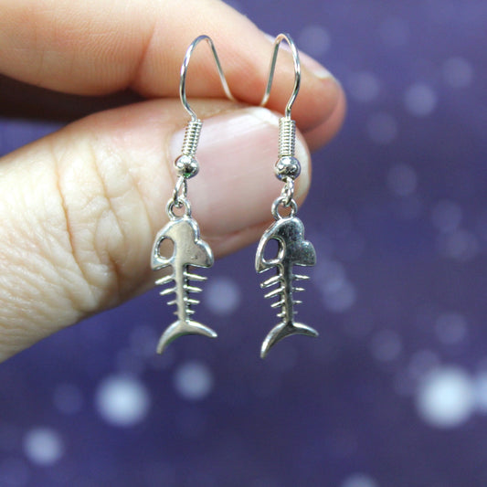 Fishbone Dangle Earrings, Fish Skeleton Stud Earrings, Fish Lovers Gift, Silver Fish Earrings, Marine Life Earrings